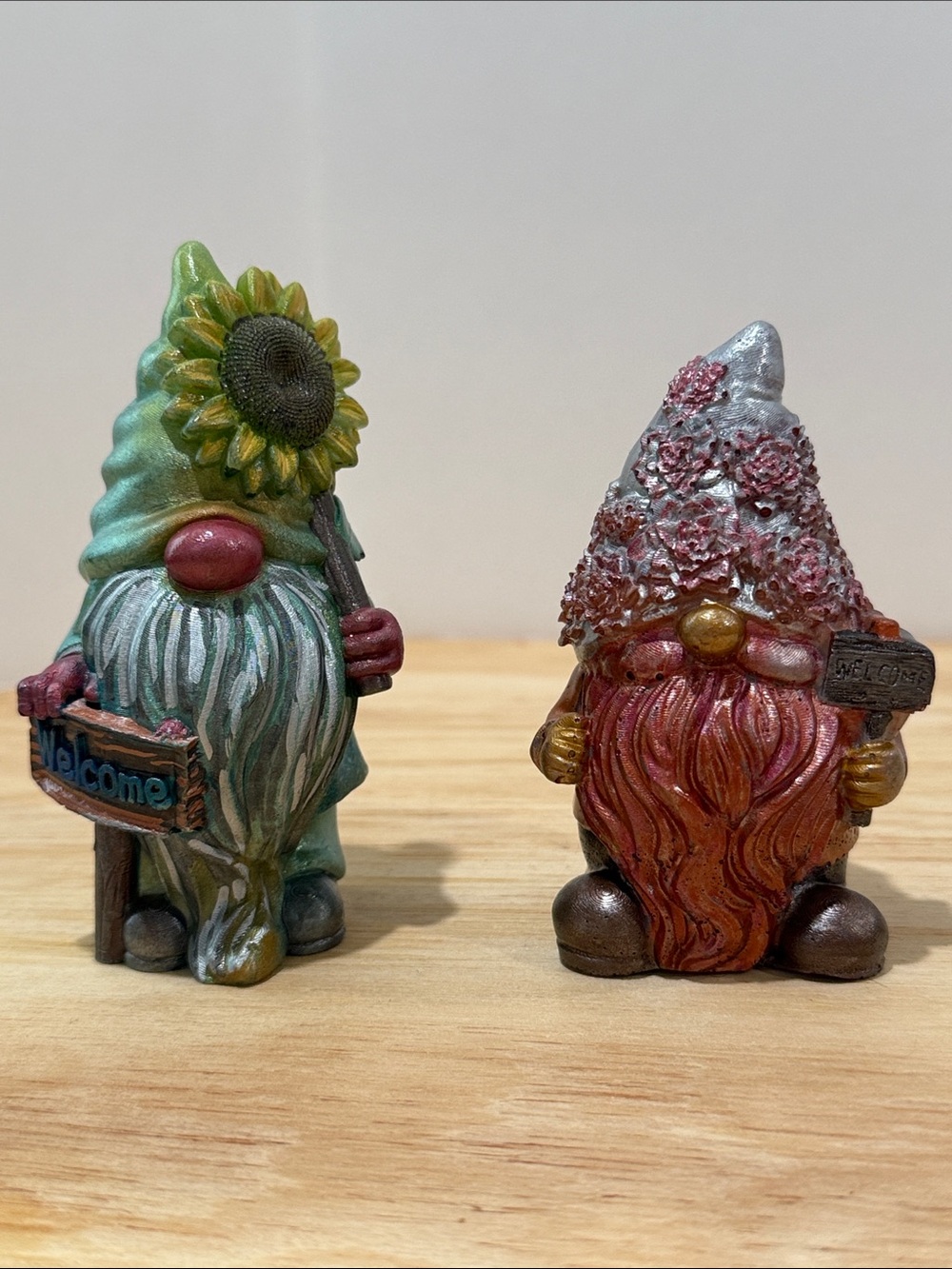 Sunflower & Blossom Gnome Pair - Decorative Green and Red Garden Gnomes